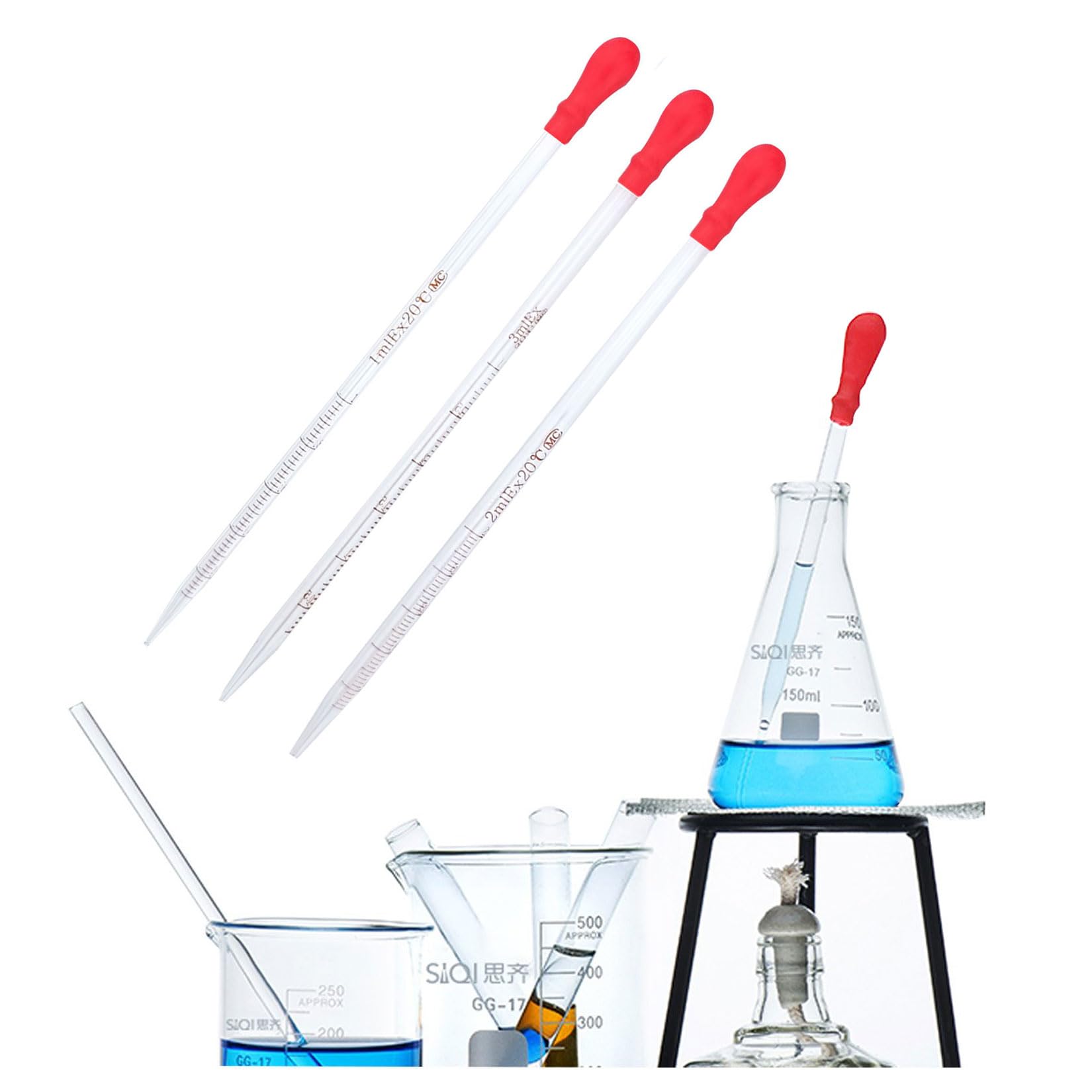 luckkyme 5PCS Glass Pipettes Dropper, 1ml 2ml 3ml 5ml 10ml Graduated Liquid Dropper, 2PCS Rubber Bulb, 2PCS Glass Stir Sticks Cleaning Brush, Transfer Pipettes