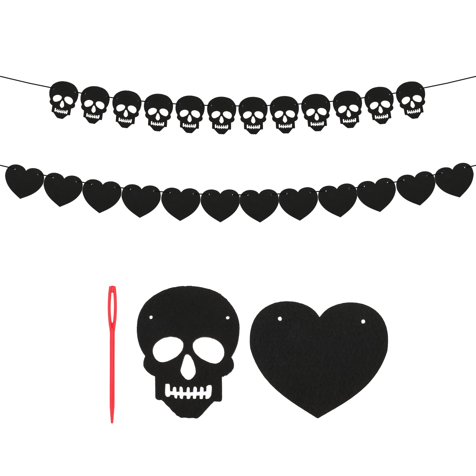 2 Set Gothic Banner Halloween Garland Black Heart Skull Felt Decor for Birthday Goth Wedding DIY Home Bachelorette Party Farewell Shower Decorations Indoor Outdoor