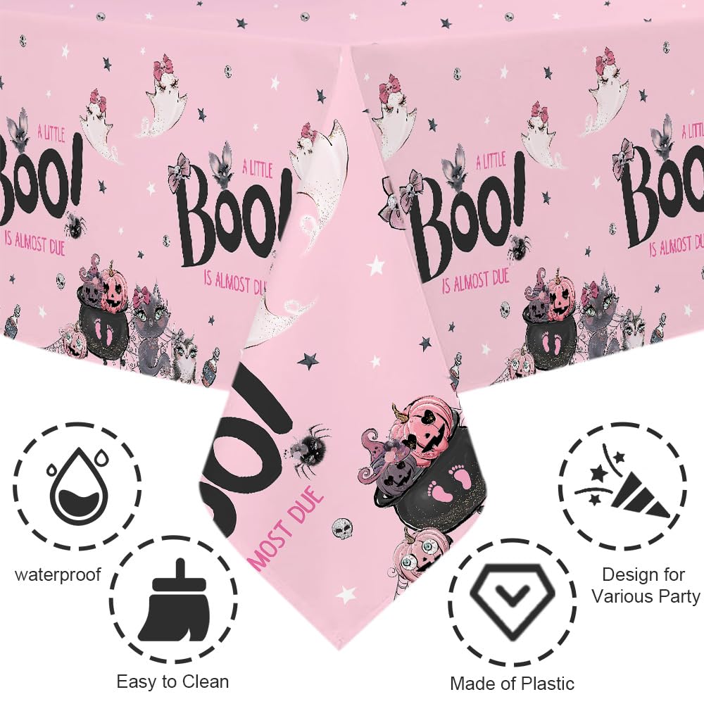 MEHOFOND 3 PCS Pink Halloween Baby Shower Plastic Tablecloths, Little Boo Baby Shower Disposable Table Cover Decorations, a Little Boo is Almost Due Disposable Tablecloth, Halloween Desk Party Decor