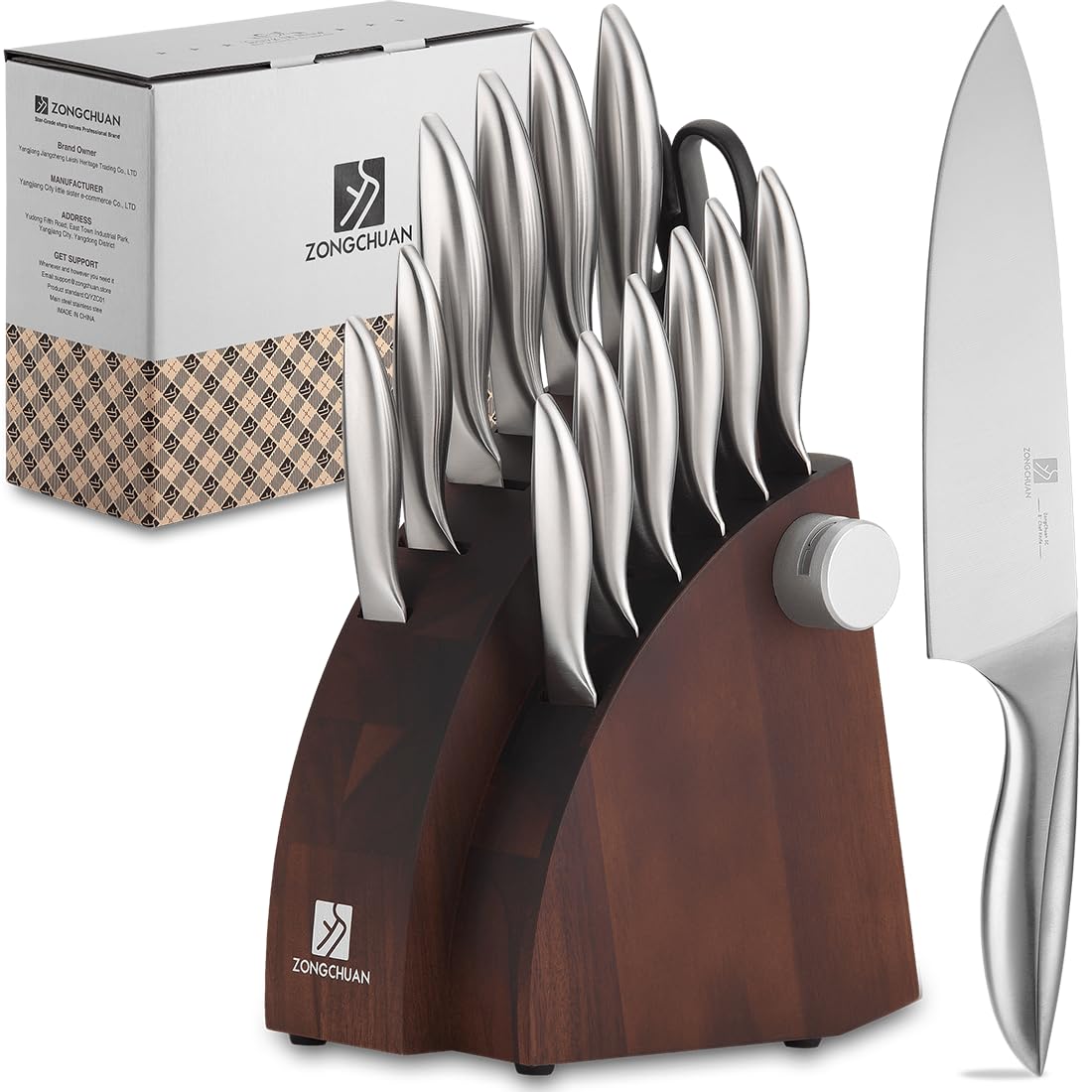 Zongchuan 15-Piece Knife Sets,Ultra-Smooth Cutting Professional Grade Sharp,One-Piece 50Cr15Mov Stainless Steel Kitchen Knife Block Set with Sharpener,Handle Ergonomic Design,Dishwasher Safe