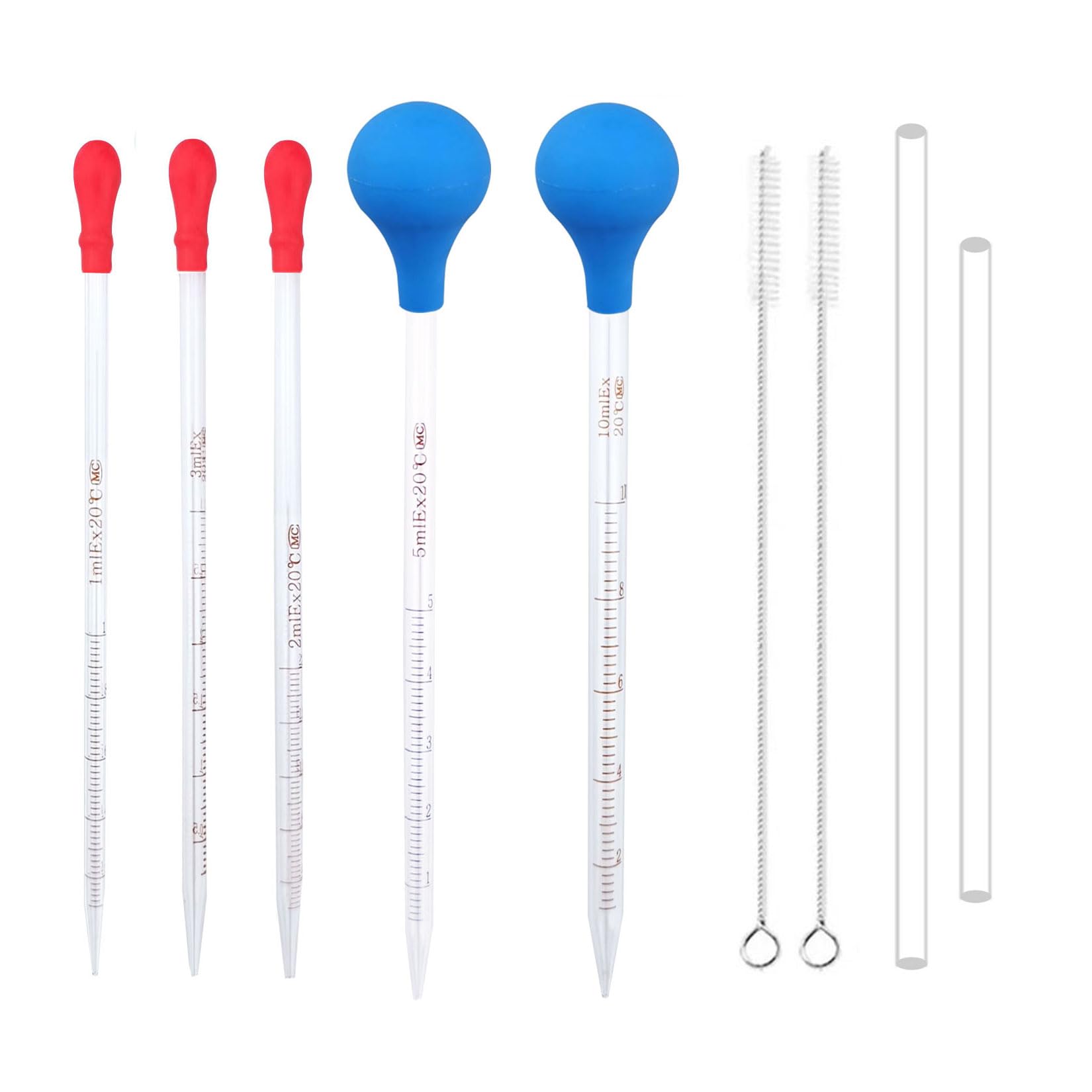 luckkyme 5PCS Glass Pipettes Dropper, 1ml 2ml 3ml 5ml 10ml Graduated Liquid Dropper, 2PCS Rubber Bulb, 2PCS Glass Stir Sticks Cleaning Brush, Transfer Pipettes