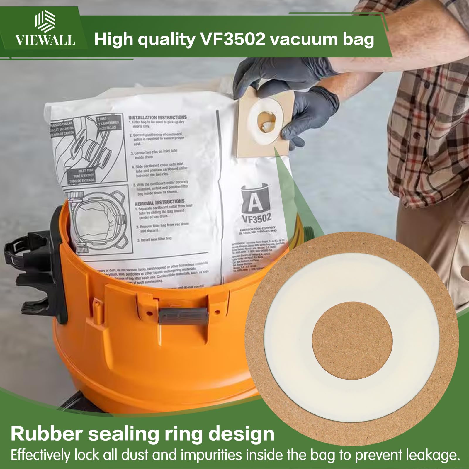 8 Pack VF3502 Vacuum Bags Compatible with Ridgid 12 to 16 Gallon Wet Dry Vacuums, High Efficiency Replacement Filter Bags for Model WD1950 WD1956 WD1850 WD1851 RV2400HF WD1450 WD1680 WD1270