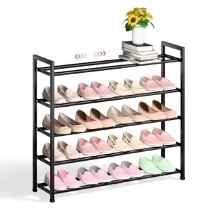 bumusty 5-tier expandable shoe rack for closet, 18“-33” adjustable shoe rack for small space, small shoe organizer for front door, sturdy metal (black)