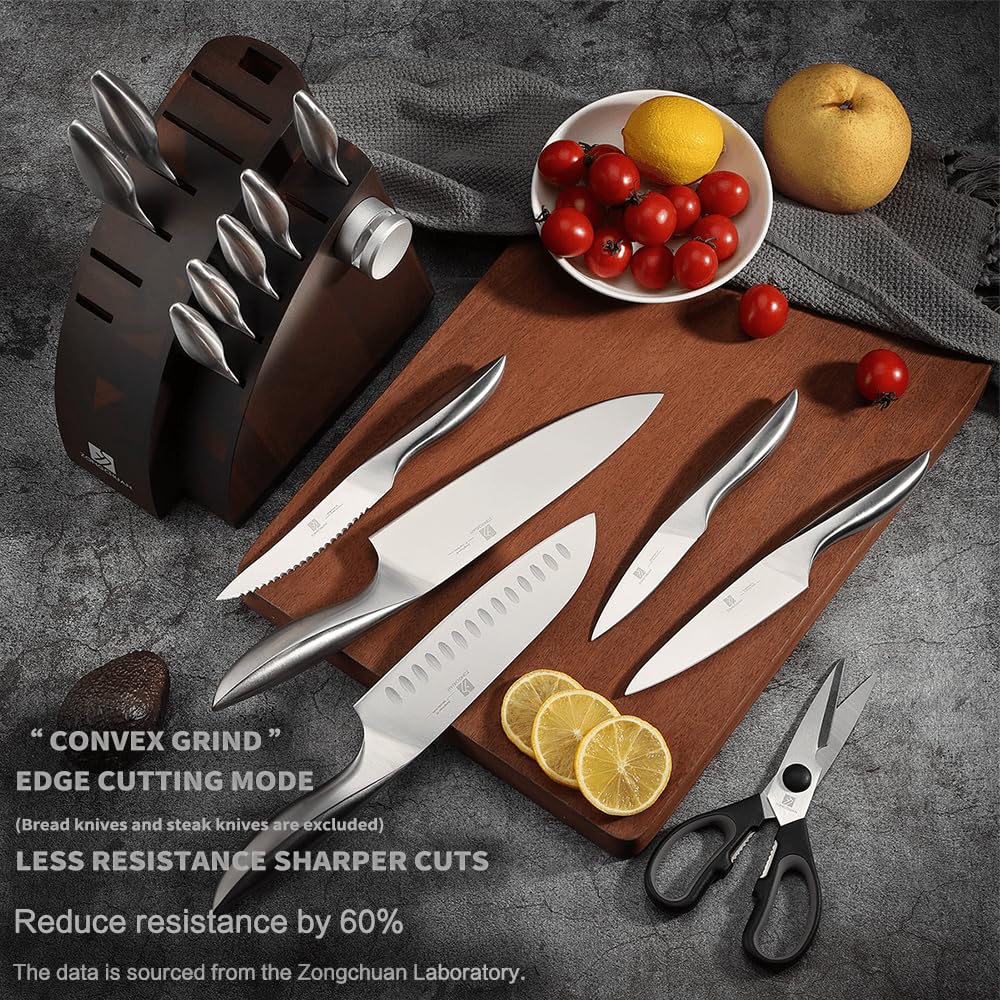 Zongchuan 15-Piece Knife Sets,Ultra-Smooth Cutting Professional Grade Sharp,One-Piece 50Cr15Mov Stainless Steel Kitchen Knife Block Set with Sharpener,Handle Ergonomic Design,Dishwasher Safe