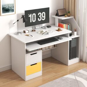 Honrane Computer Desk with 2 Drawers and 3 Hutch Shelves, 47" Gaming Desk with Wide Desktop and Keyboard Drawer, Wood Home Office desks,Modern Writing Desk White