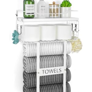 Towel Racks for Bathroom Wall Mounted - Bath Wall Towel Holder Set Above Toilet Storage, Rolled Towel Shelf Organizer for Small Bathroom All White, Wood Vertical Towel Rack for Bathroom Wall Decor