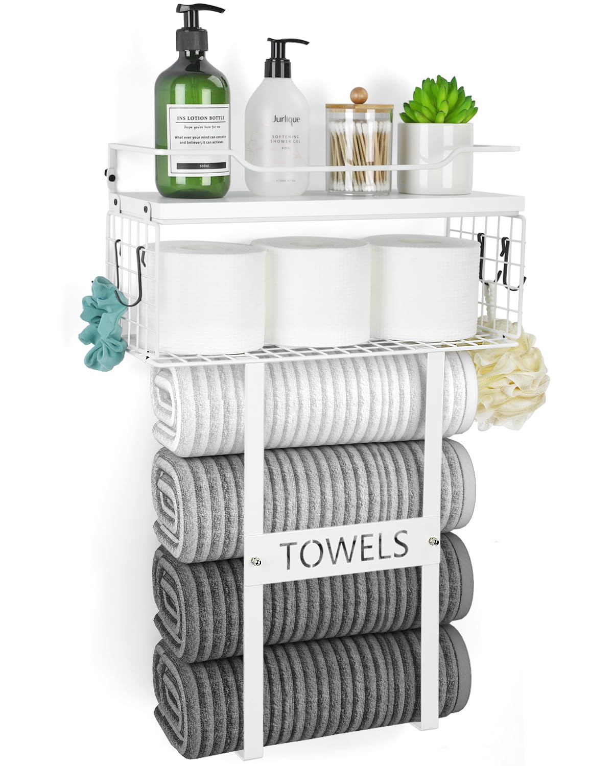 Towel Racks for Bathroom Wall Mounted - Bath Wall Towel Holder Set Above Toilet Storage, Rolled Towel Shelf Organizer for Small Bathroom All White, Wood Vertical Towel Rack for Bathroom Wall Decor