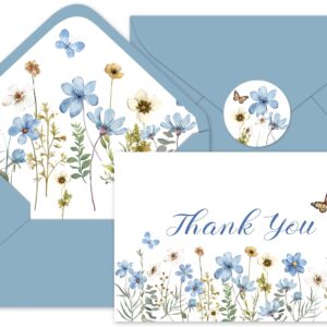 Whaline 24Pcs Blue Wildflower Thank You Cards with Envelopes and Stickers Dusty Blue Flower Greeting Cards Floral Blank Note Cards for Wedding Bridal Baby Shower