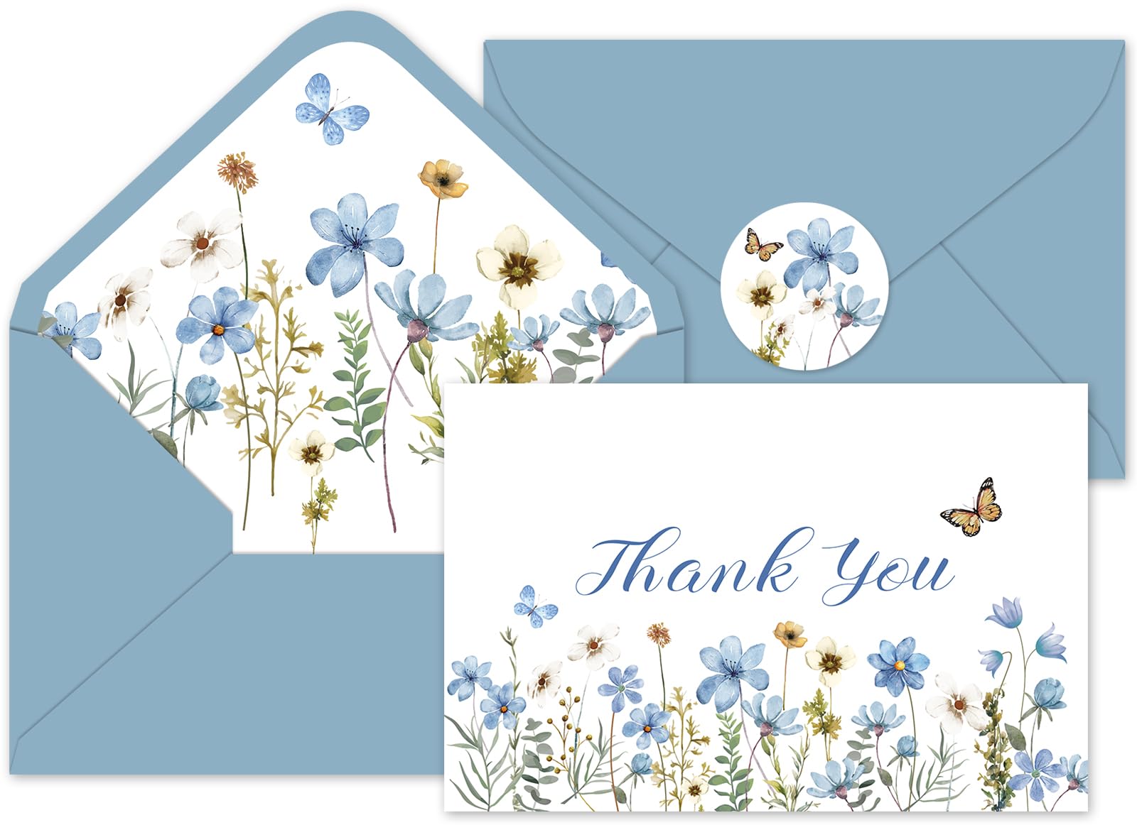 Whaline 24Pcs Blue Wildflower Thank You Cards with Envelopes and Stickers Dusty Blue Flower Greeting Cards Floral Blank Note Cards for Wedding Bridal Baby Shower