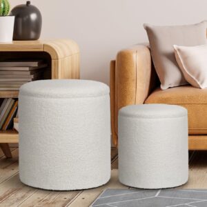 ogemxu 2 set round ottoman with storage, boucle teddy ottoman vanity stool, storage ottoman for bedroom living room, modern multifunctional foot rest stool for bedroom, living room, dorm (white)