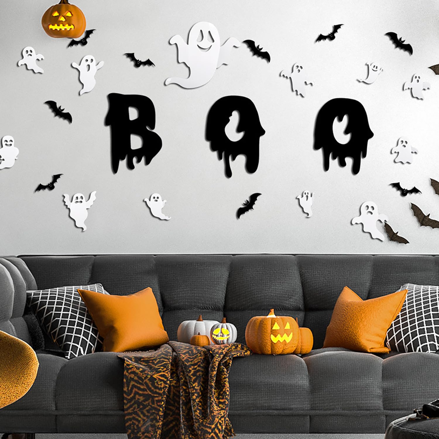 Ghost Wall Decor Stickers Halloween Wall Stickers Black Bat Spider White Ghost Wall Decoration Reusable Cute Ghost Wall Decals Holiday Wall Stickers for Room Home DIY Decor Charms 34Pcs