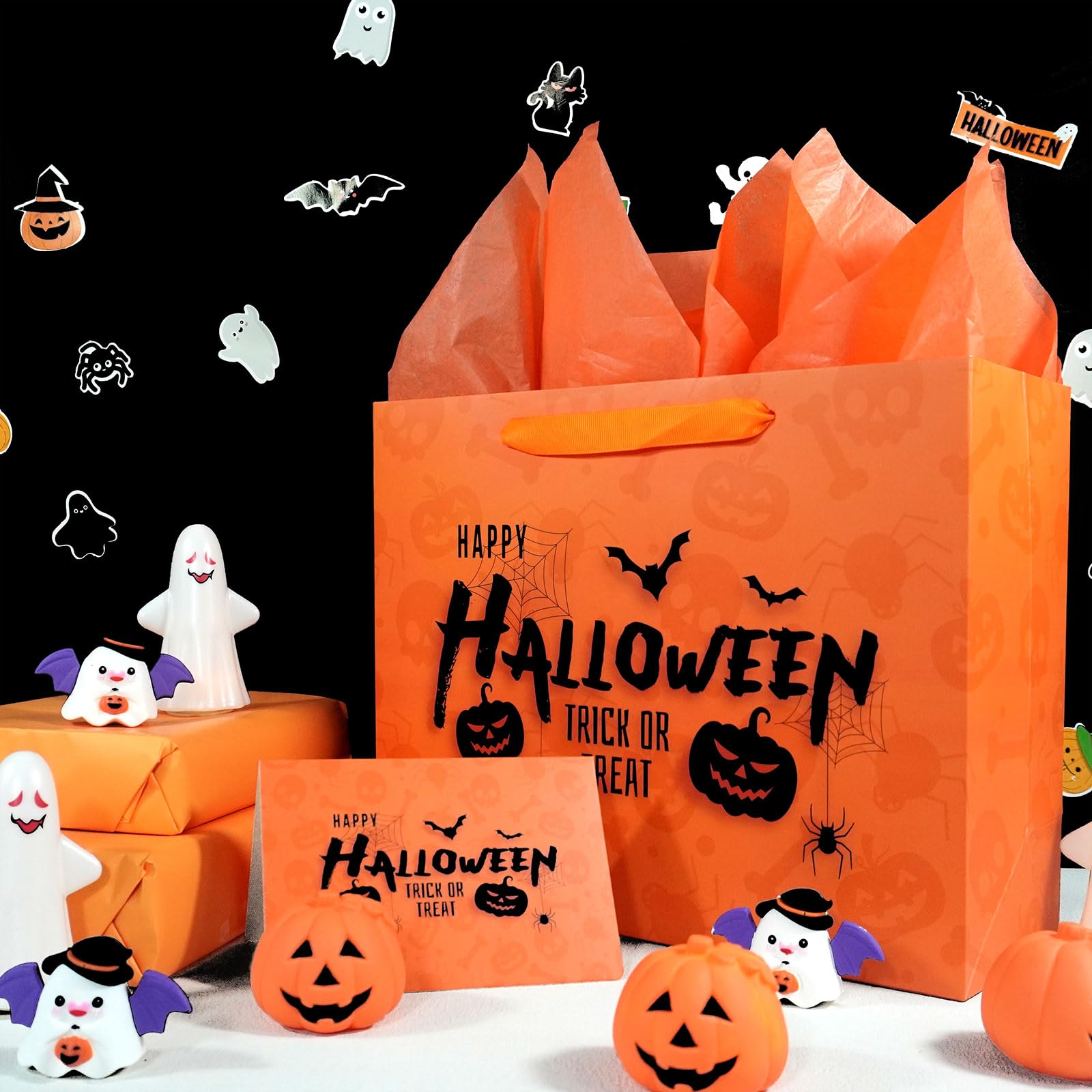 Halloween Trick or Treat Gift Bag with Greeting Card and Tissue Papers, 12.6" Reusable Halloween Paper Bag with Handles for Halloween Party Supplies