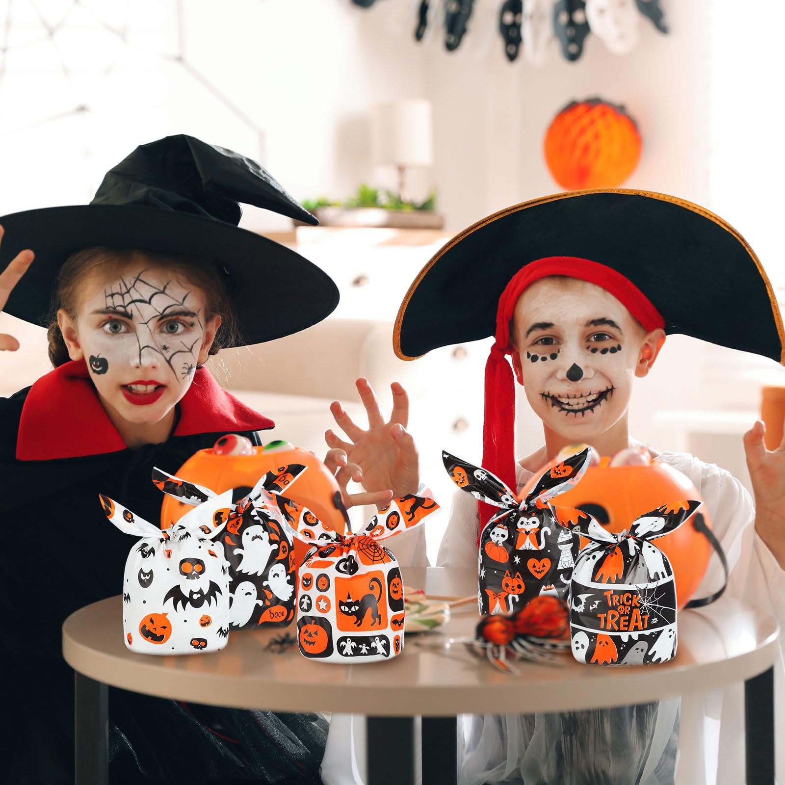 Watersay 300 Pcs Halloween Christmas Treat Bags, 6 Style Small Christmas Halloween Bags Candy Bags Cute Rabbit Ear Halloween Christmas Goodie Cookie Bags for Party Gift(Orange,Pumpkin)