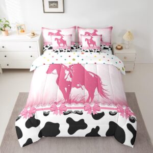 Erosebridal Cowgirl Western Bed in a Bag Queen Comforter Set 7 Piece,Pink Cowhide Bedding Sets Black and White Cow Print Sheet Set with Comforter Cowboys Gifts for Women,Horse Gifts for Girls