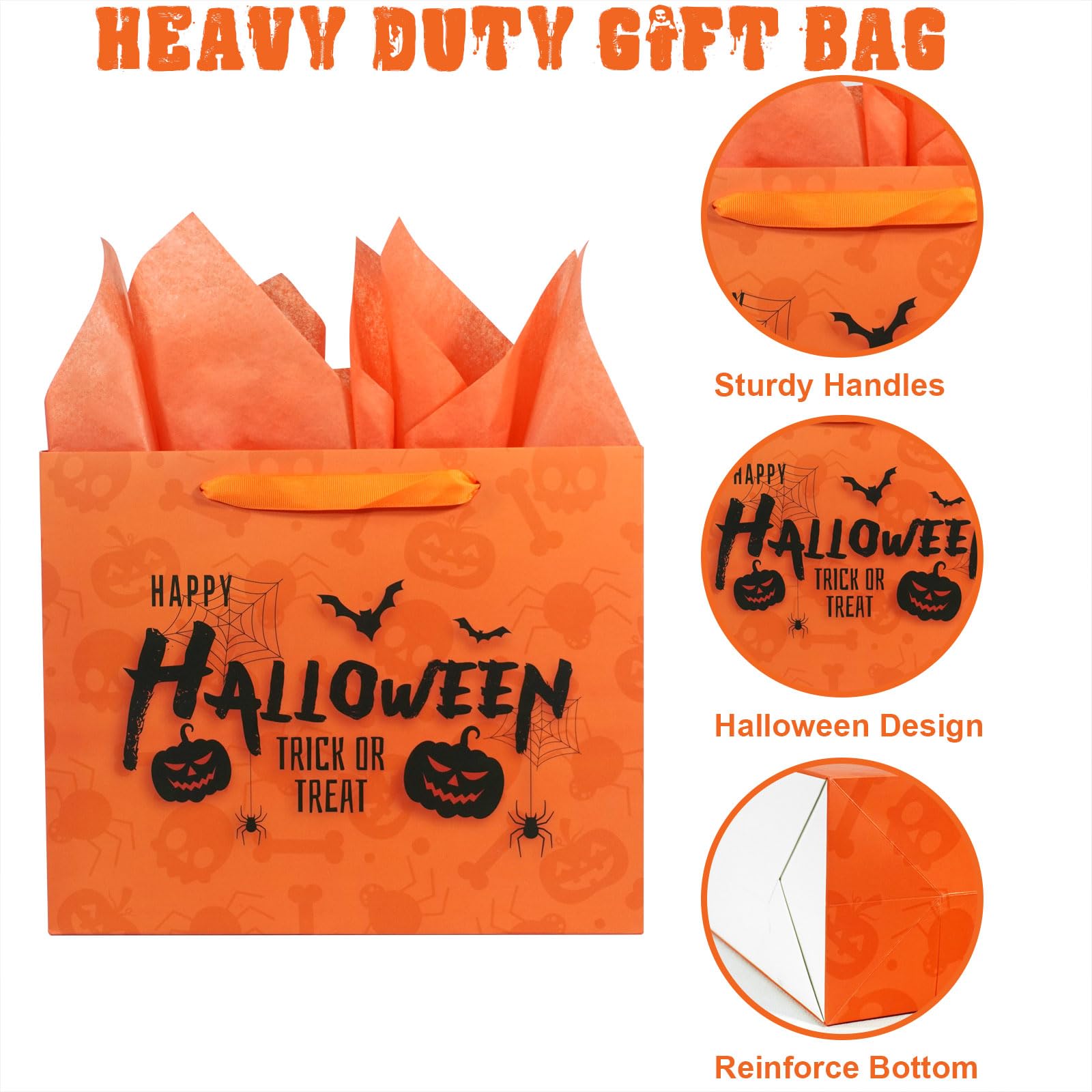 Halloween Trick or Treat Gift Bag with Greeting Card and Tissue Papers, 12.6" Reusable Halloween Paper Bag with Handles for Halloween Party Supplies