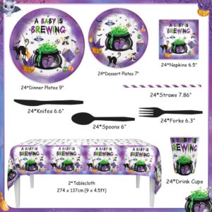 AIBIIN 194pcs Halloween Baby Shower Decorations Halloween A Baby is Brewing Baby Shower Party Plates, Cup, Napkin, Tablecloth, Tableware, Halloween Party Supplies Plates Serve 24 Guests