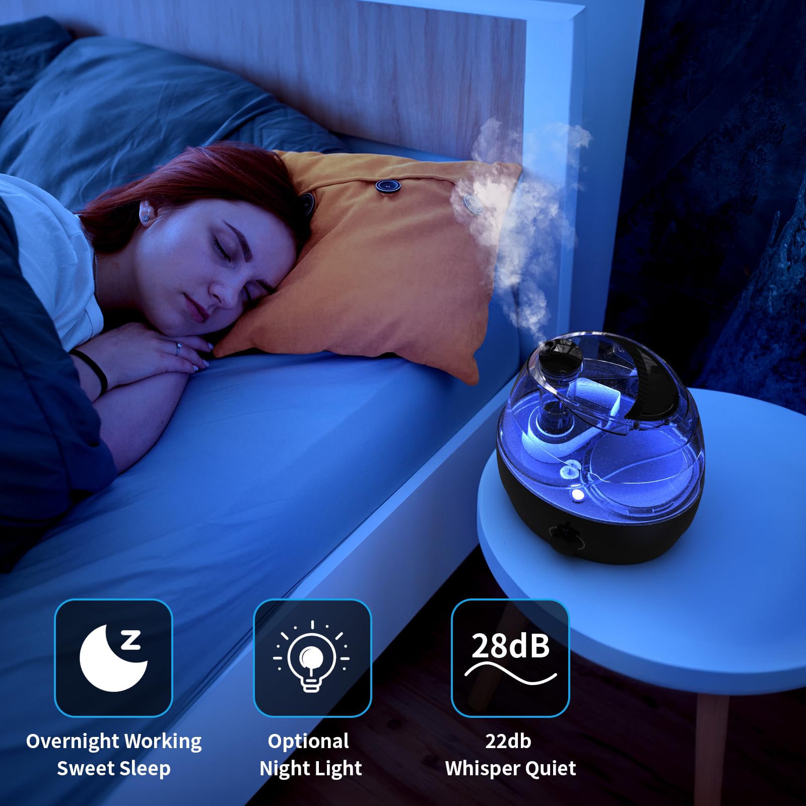 Admettre Cool Mist Humidifiers for bedroom with 2.2L Water Tank, 24 Hours with Whisper-Quiet Operation, Adjustable 360° Rotation Nozzle, Night Light Function, BPA Free(Black)