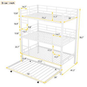 Harper & Bright Designs White Triple Bunk Bed with Trundle, Twin Over Twin Bunk Beds, Metal Quad Bunk Beds, 3 Bunk Beds with 2 Ladders & Guardrails, Convertible Heavy Duty Steel Frame