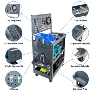 Car Wash Cart with Wheels, Heavy Duty Mechanic Tool Cart, 49"x29"x15", 880 lbs Capacity, 3-Tier Rolling Utility Cart with Pegboard, 4 Dividers, 3 Mesh Panels & Screwdriver Shelf for Jobsite