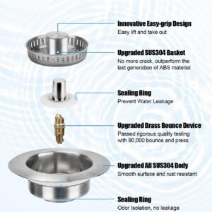 Kitchen Sink Drain Strainer, 3 in 1 All Stainless Steel Sink Strainer, Pop Up Sink Stopper with Copper Bounce Core, Anti-Clog Food Catcher Basket for US Standard 3-1/2 inch Drain (1 Pack)