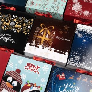 ARTLYMERS Christmas Gift Boxes with Lids, 6 Pack Gift Boxes and Red Ribbon Christmas Themed Pattern Small Gift Boxes for Christmas Presents Gifts Easy Assemble