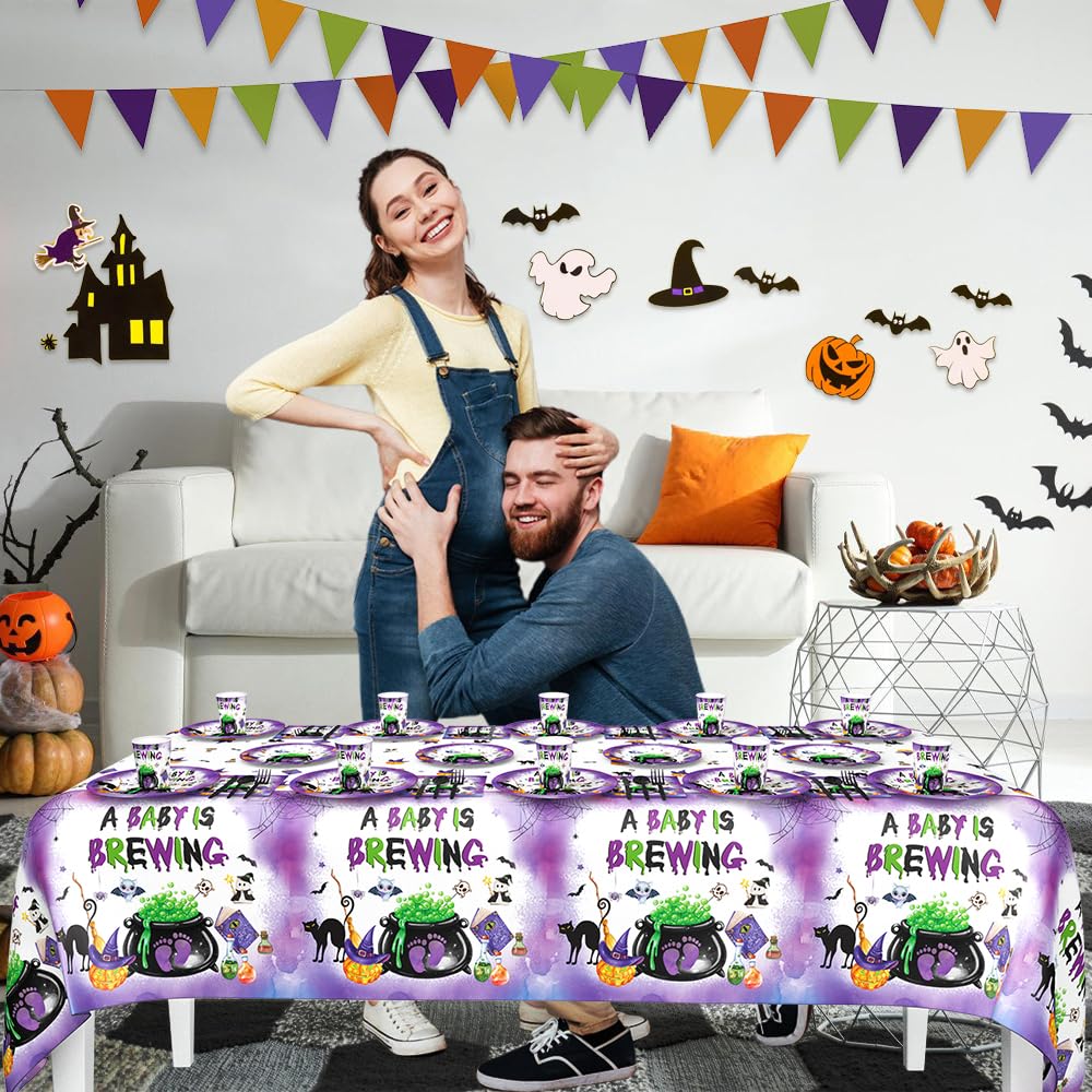 AIBIIN 194pcs Halloween Baby Shower Decorations Halloween A Baby is Brewing Baby Shower Party Plates, Cup, Napkin, Tablecloth, Tableware, Halloween Party Supplies Plates Serve 24 Guests