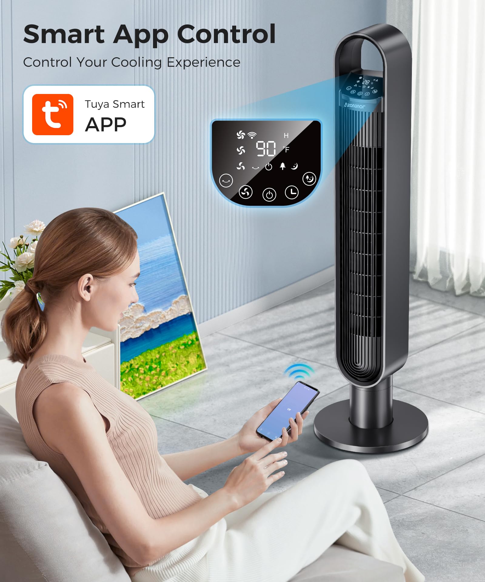 Azonanor Tower Fan for Bedroom, 90° Oscillating Standing Bladeless Fan with Remote, 12H Timer, 3 Speeds Max 28ft/s, 3 Modes, LED Display Floor Fans Works with Tuya/Smart Lift