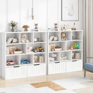 Toy Storage Organizer with Bookshelf, Large Toy Organizers and Storage 2 Movable Drawers with Hidden Wheels and 8 Storage Cubbies, Kids Bookshelf and Toy Storage Chest, Playroom Furniture, White