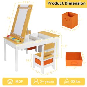 TODEFULL Kids Art Table and Chairs Set, 2 in 1 Kids Art Table, Wooden Activity Table with 2 Chairs, 8 Storage Canvas Bins, 6 Paint Cups and Paper Roll, Large Storage Desk for Writing Drawing, Natural