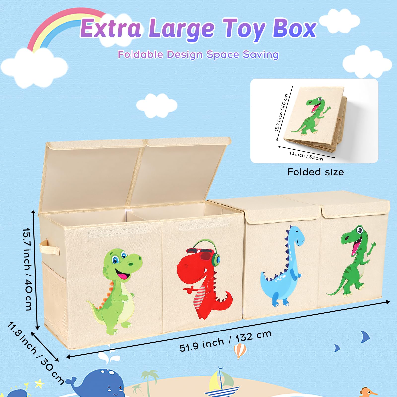 Extra Large Toy Chest for Boys, Collapsible Toy Storage Boxes with Magnetic Lid, Dinosaur Toy Box for Toys, Clothes, Blankets, Books, 51.96"x11.81"x15.75", Beige