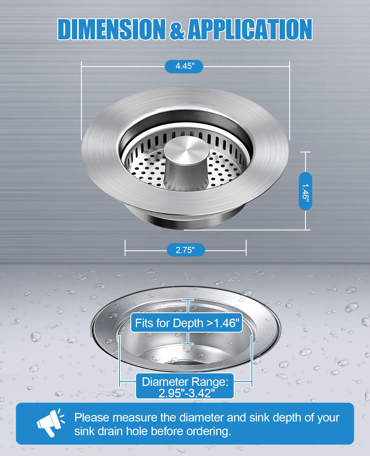 Kitchen Sink Drain Strainer, 3 in 1 All Stainless Steel Sink Strainer, Pop Up Sink Stopper with Copper Bounce Core, Anti-Clog Food Catcher Basket for US Standard 3-1/2 inch Drain (1 Pack)