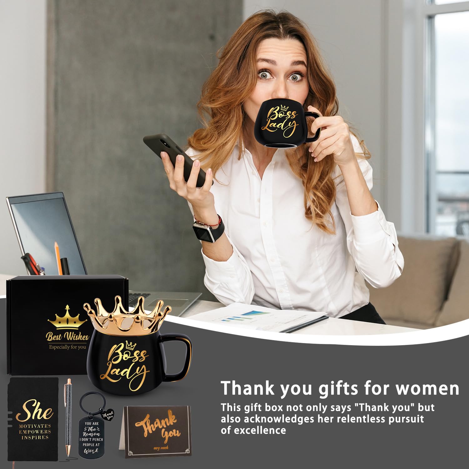 Christmas Gift for Women, Boss Lady Gifts for Women, Employee Appreciation Gifts with Coffee Mugs, Ballpoint Pen, Keychain, Thank You Card, Graduation Christmas Work Anniversary Coworker Gift