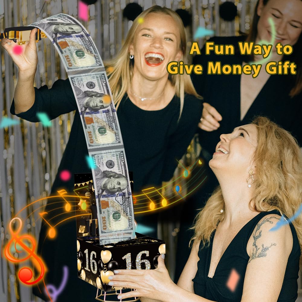 Money Box for Cash Gift, Birthday Money Pull Box, Happy Birthday Gift Card with Music Light 30 Bags DIY Sticker 13th 16th 18th 21th Any Age, Birthday Decorations Cash Gift Ideas for Girls Boys Adults