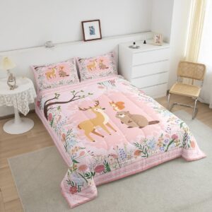 Erosebridal Floral Animal Toddler Kids Bedding Set - Cute Sika Deer Squirrel Comforter Set Twin Size for Teen Girls Woodland Animal Cartoon Fairytale Bed Comforter Set Safari Quilted Duvet Set 2Pcs