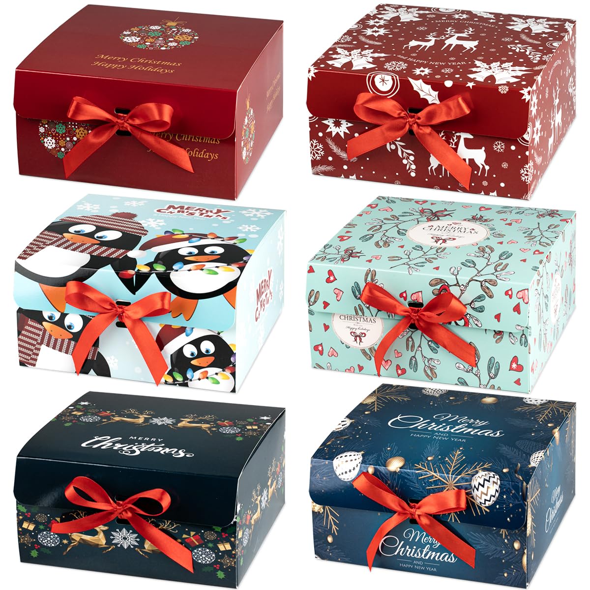 ARTLYMERS Christmas Gift Boxes with Lids, 6 Pack Gift Boxes and Red Ribbon Christmas Themed Pattern Small Gift Boxes for Christmas Presents Gifts Easy Assemble