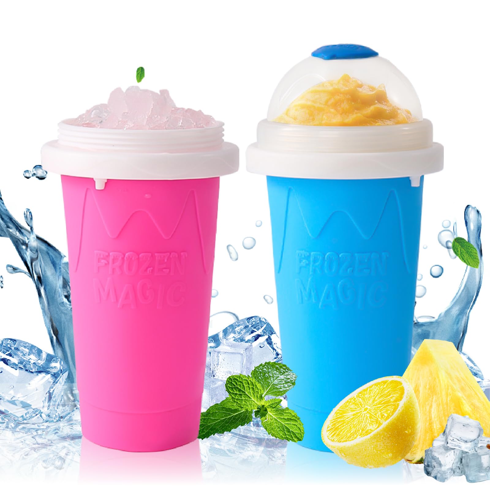 Slushie Cup 2Pcs, PandyCare Slushy Slushie Maker Cup (EVA Material) - DIY Frozen Magic Slushy Smoothies Milk Shake Cooling Cups Instant Slushie Maker Icee Cups Slushie with Lids - Blue & Pink 2Pcs