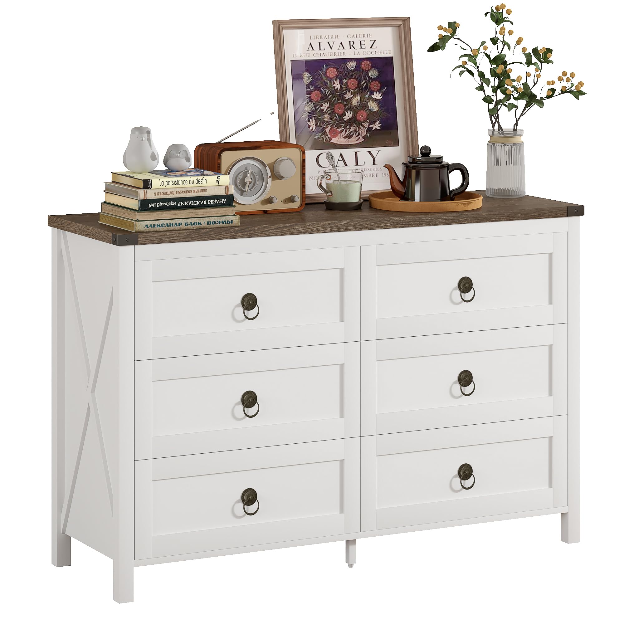 ChooChoo Farmhouse 6 Drawer Dresser, White Dresser for Bedroom, Wide Dressers & Chests of Drawers for Entryway, Hallway