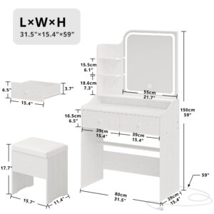 LIKIMIO Makeup Vanity Desk with Mirror and Lights, Vanity Table Set with Storage Drawer, Chair and Three Shelves, White