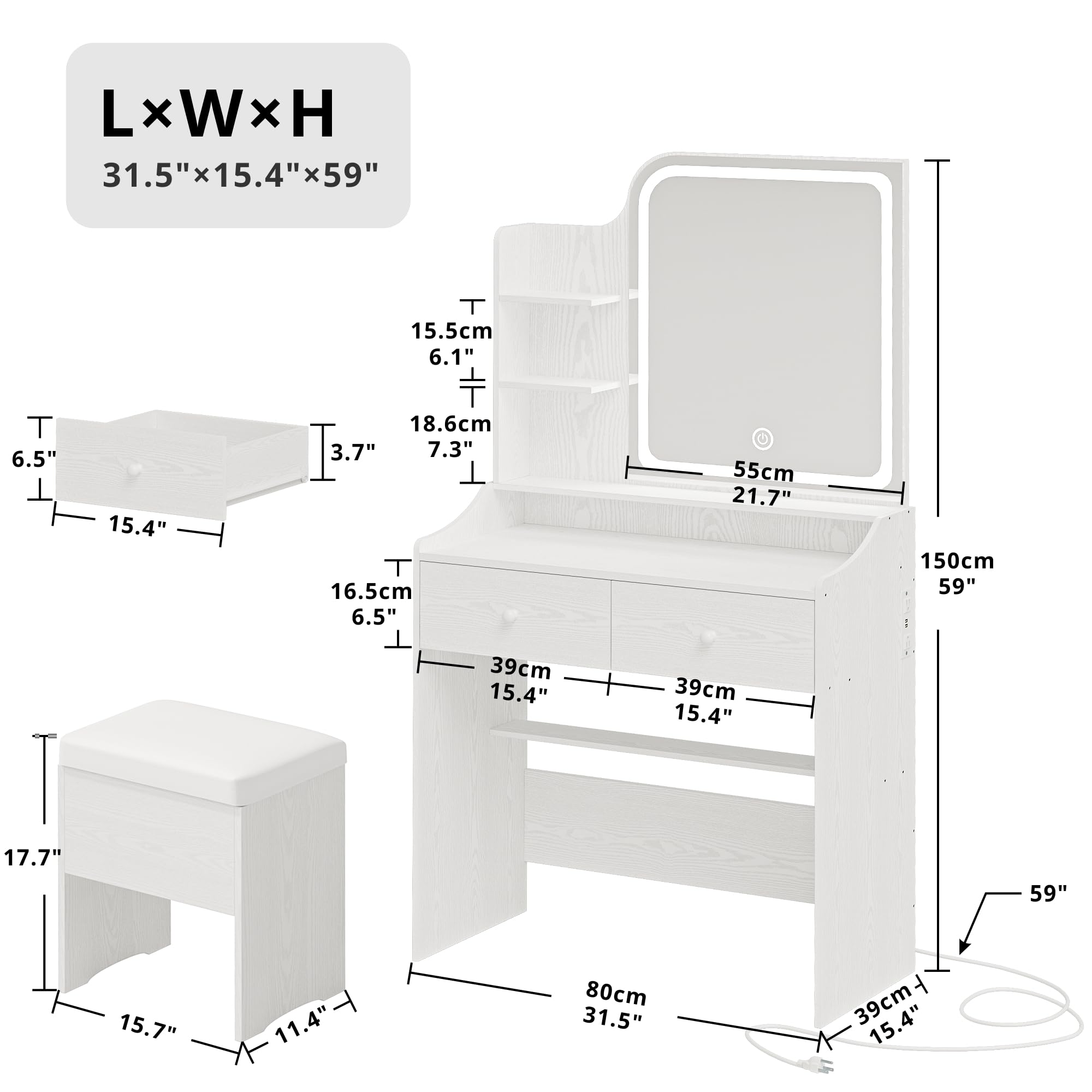 LIKIMIO Makeup Vanity Desk with Mirror and Lights, Vanity Table Set with Storage Drawer, Chair and Three Shelves, White