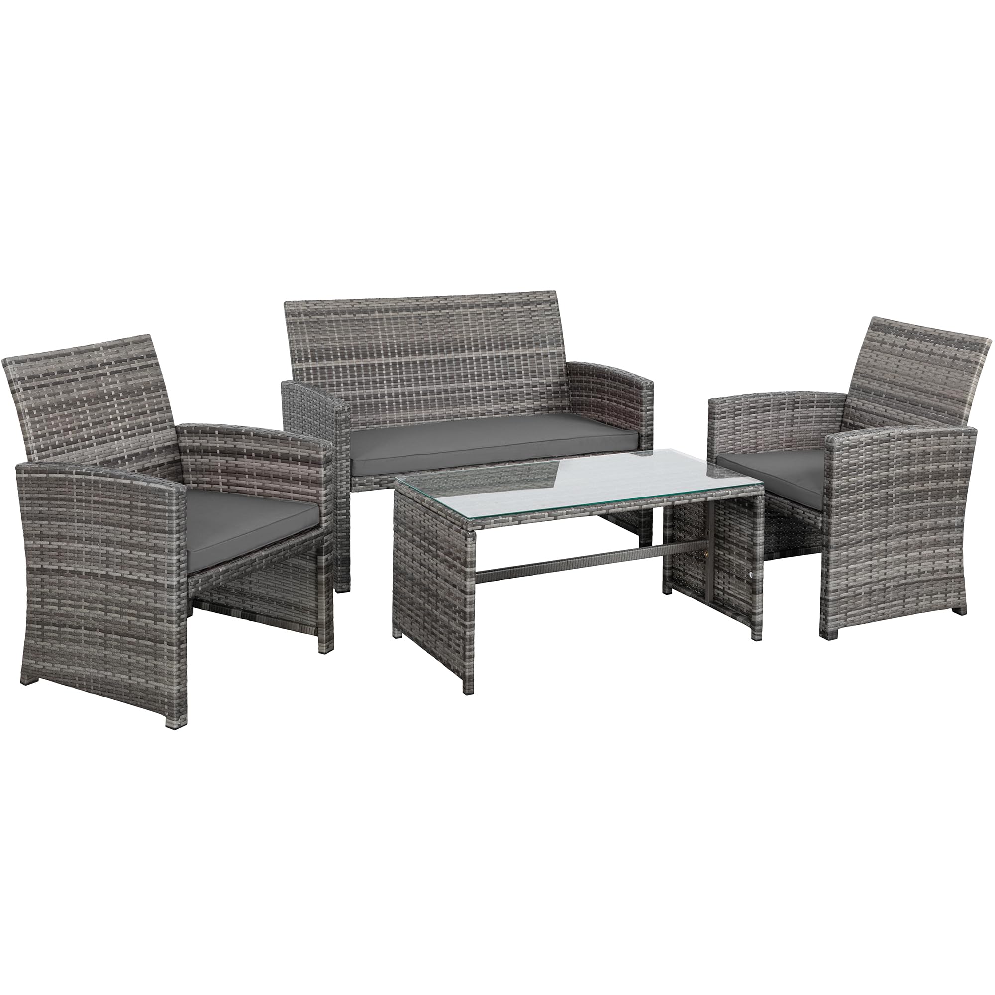 Shintenchi 4-Piece Outdoor Gray Wicker Patio Conversation Furniture Set, Rattan Patio Furniture Set with Weather Resistant Cushions and Tempered Glass Tabletop,Grey