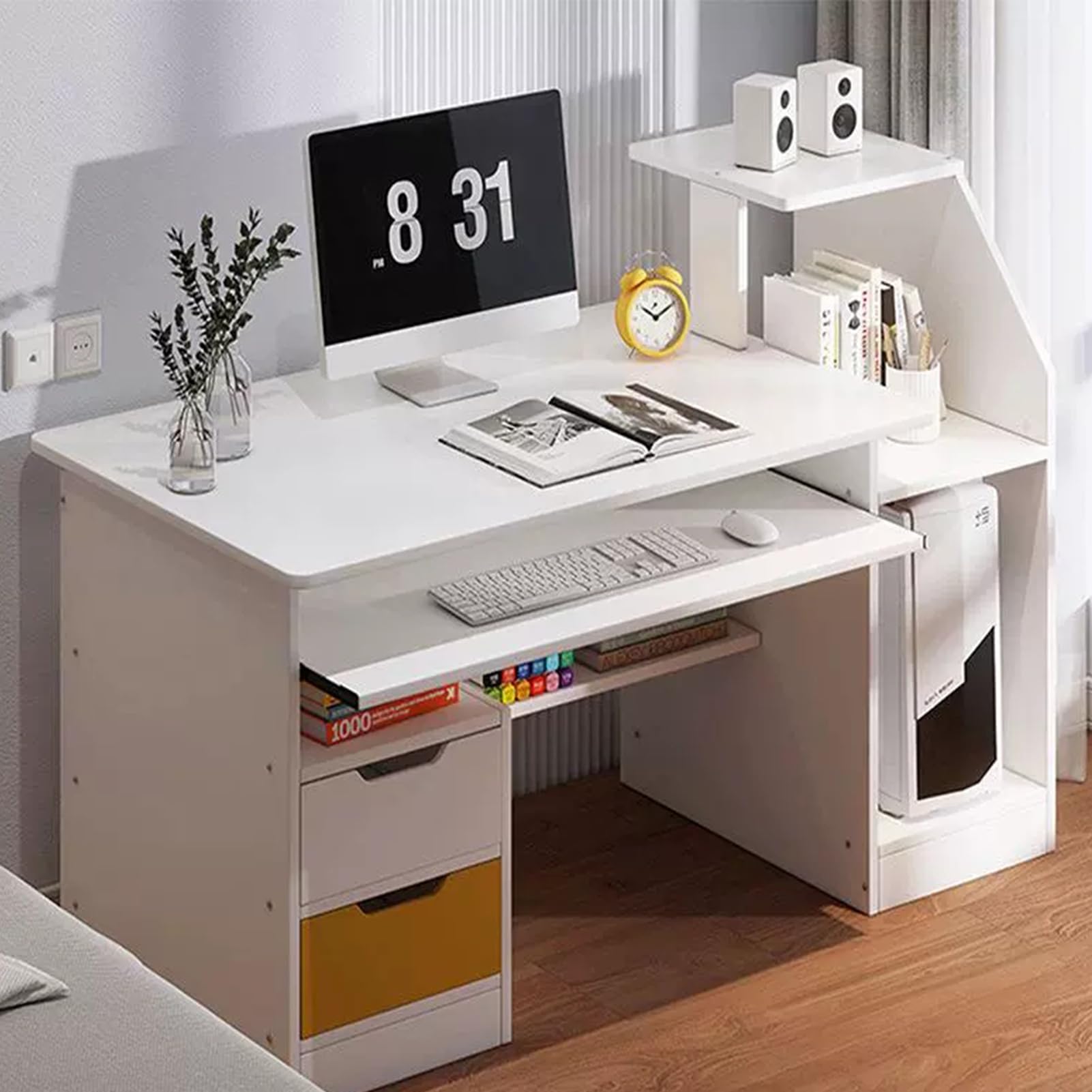 Honrane Computer Desk with 2 Drawers and 3 Hutch Shelves, 47" Gaming Desk with Wide Desktop and Keyboard Drawer, Wood Home Office desks,Modern Writing Desk White