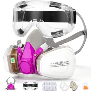 ranksing respirator mask with filters and safety glasses to against dust gases fumes asbestos chemicals while painting spraying sanding welding construct and work ppe 6200 pink medium