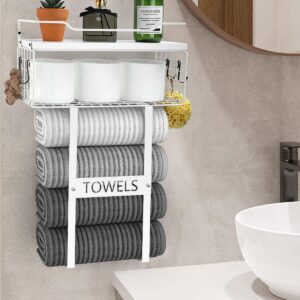 Towel Racks for Bathroom Wall Mounted - Bath Wall Towel Holder Set Above Toilet Storage, Rolled Towel Shelf Organizer for Small Bathroom All White, Wood Vertical Towel Rack for Bathroom Wall Decor