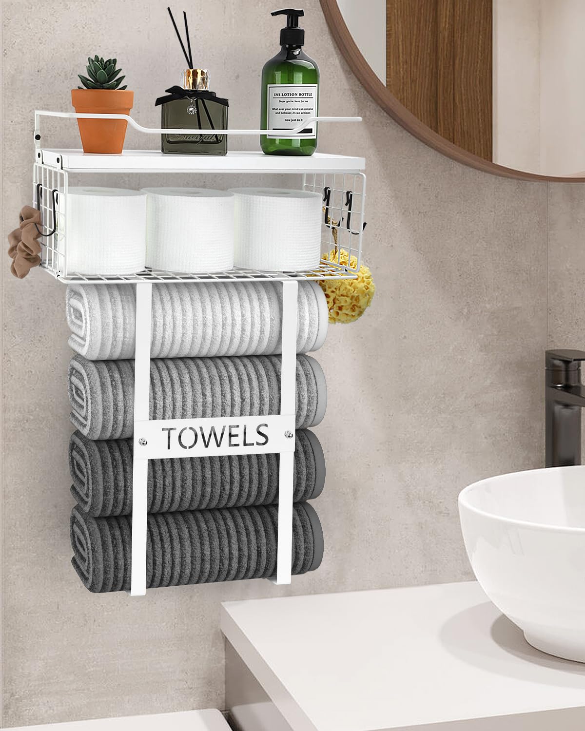 Towel Racks for Bathroom Wall Mounted - Bath Wall Towel Holder Set Above Toilet Storage, Rolled Towel Shelf Organizer for Small Bathroom All White, Wood Vertical Towel Rack for Bathroom Wall Decor