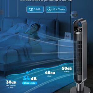 Azonanor Tower Fan for Bedroom, 90° Oscillating Standing Bladeless Fan with Remote, 12H Timer, 3 Speeds Max 28ft/s, 3 Modes, LED Display Floor Fans Works with Tuya/Smart Lift