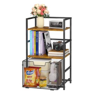 threehio small bookshelf with sliding drawer, 3-tier small shelf for small spaces rustic brown, short bookcase industrial book shelf storage organizer for living room, bedroom, and home office