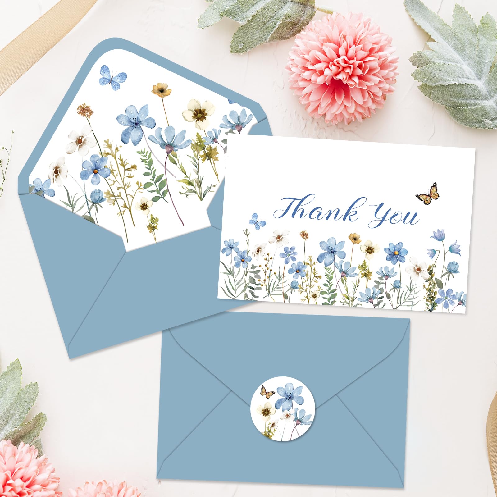 Whaline 24Pcs Blue Wildflower Thank You Cards with Envelopes and Stickers Dusty Blue Flower Greeting Cards Floral Blank Note Cards for Wedding Bridal Baby Shower