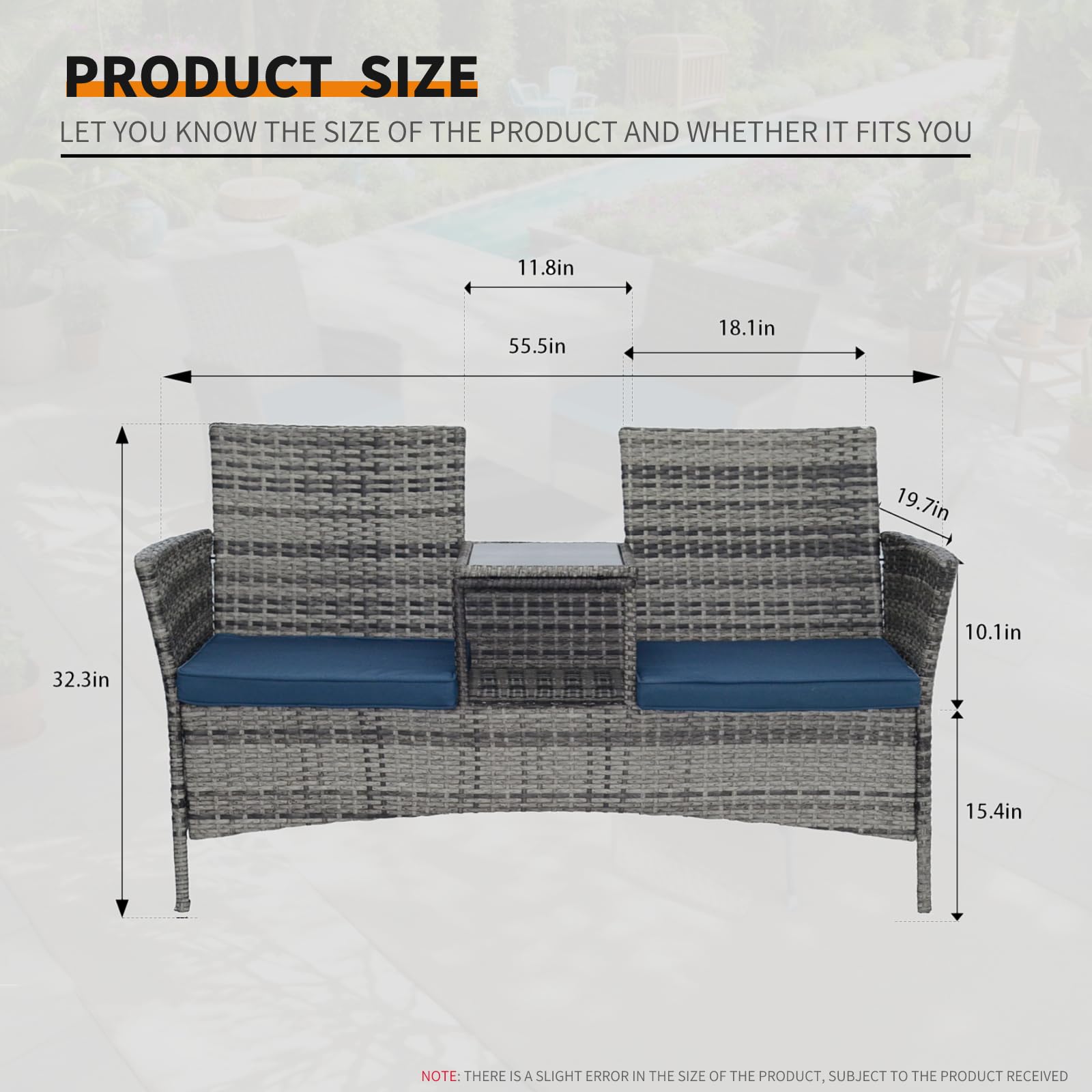 Generic 2-Seater Outdoor Patio Lounger Set with Coffee Table Durable 2-Person Outdoor Furniture - Ideal for lawn gardens, patios, balconies - Weather-resistant and low-maintenance, Gray-blue