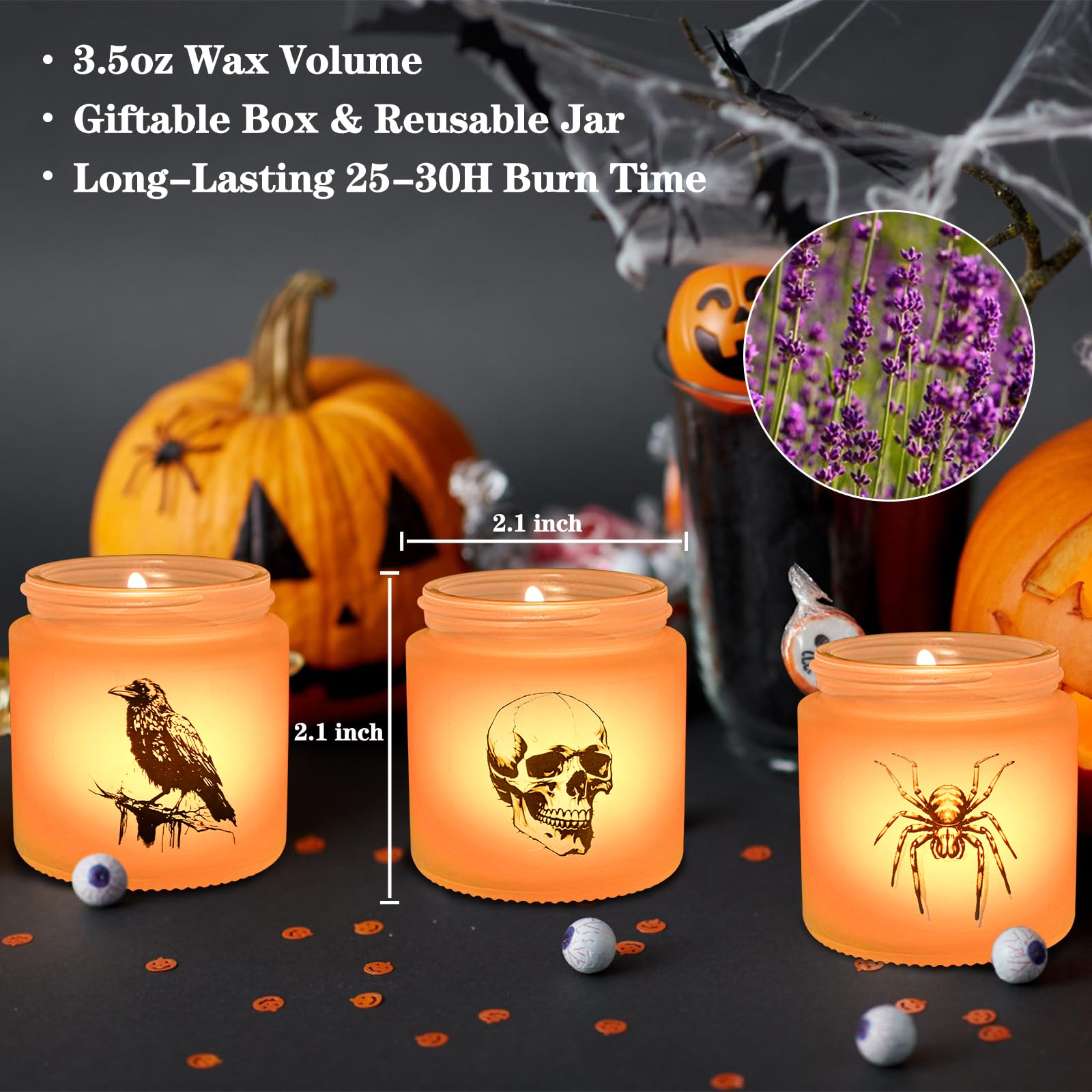 Homsolver Halloween Candles, Halloween Decorations Indoor Decor Gifts, Hallloween Spooky Skull Crow Spider Candles, Halloween Home Decor Indoor - Hallloween Lavender 3 Candles Set with LED Light