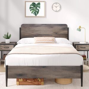 gaomon full bed frame with rustic vintage wood headboard & safe rounded corners, full size bed frame strong metal slats support, mattress foundation, no box spring needed, noise-free